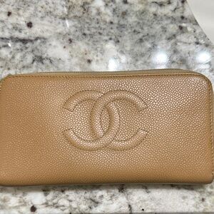 CHANEL Tan Leather Zip Wallet